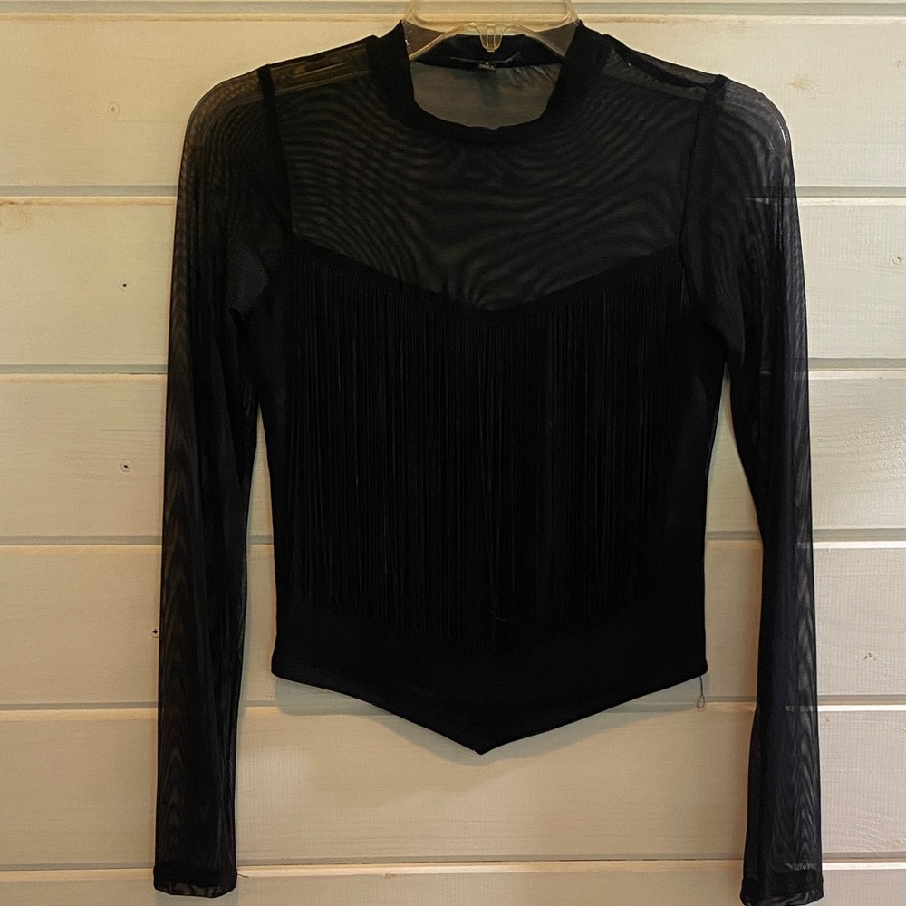 Elegant Black Sheer Fringe Long Sleeve Top
